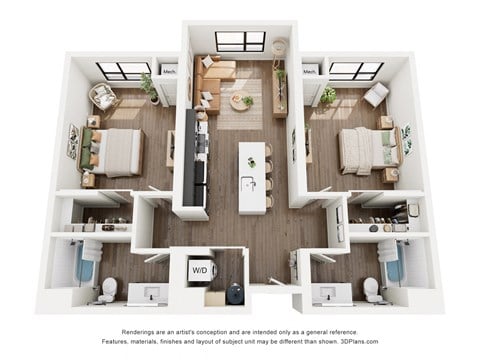 Floor plan for 2 beds, 2 baths, 1094 sqft